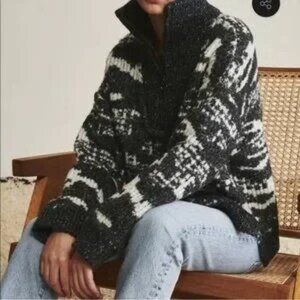 John + Jenn Oversized Quarter Zip Pullover Sweater Fuzy Black White Small